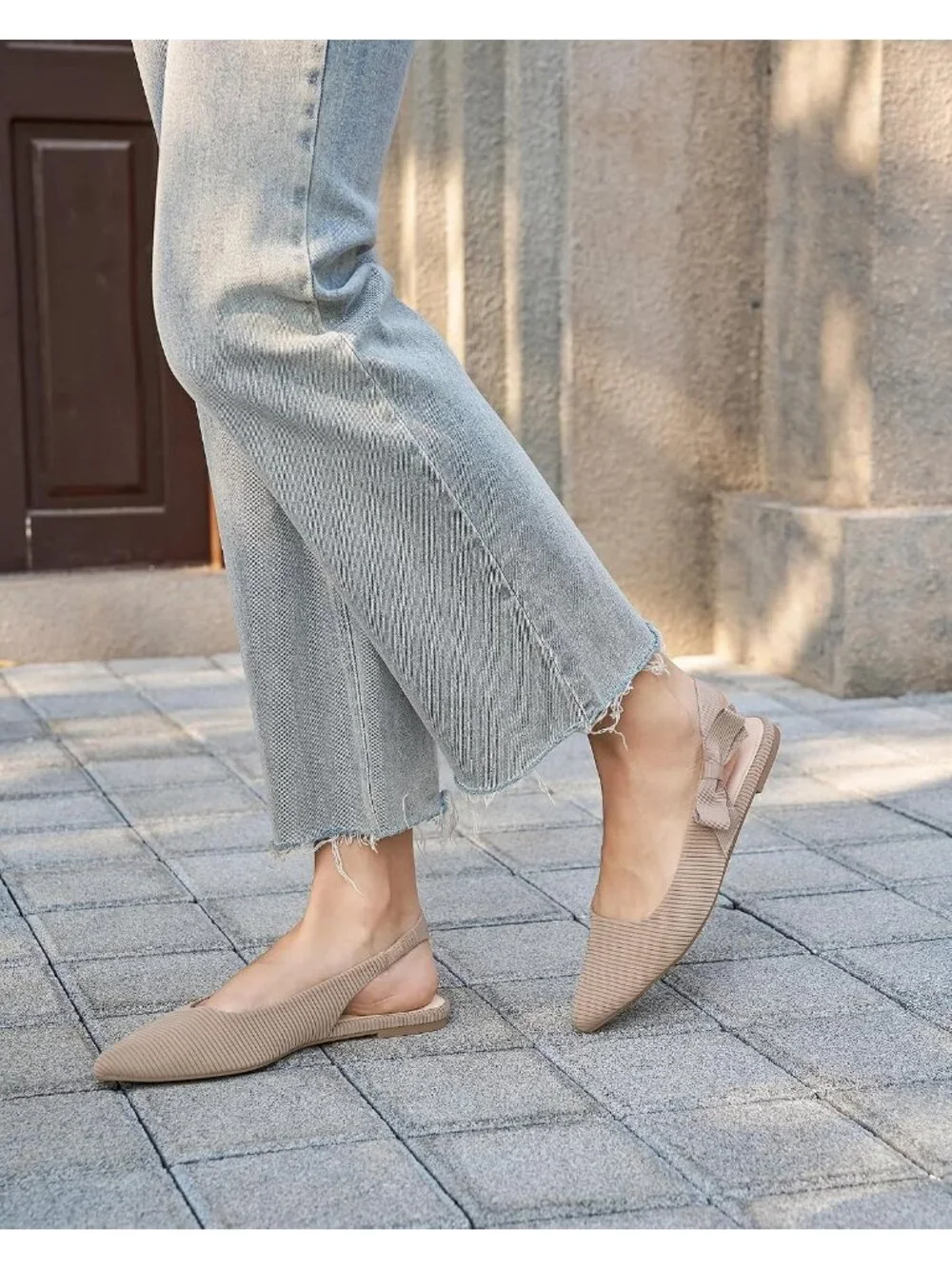 Women's Light Coffee Suede Slingback Flats Bow Pointed Closed Toe Slip on Shoes
